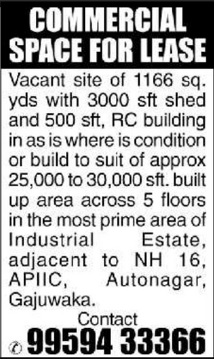 Commercial Space for Rent / Lease at APIIC Autonagar, Gajuwaka.