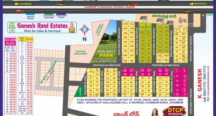 Ganesh Real Estates – DTCP Approved Plots For Sale at Gollagudem, Khammam Rural.